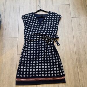 Ann Taylor Navy Printed Tie-Waist Dress